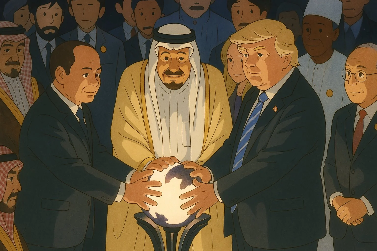 Illustration style Ghibli montrant Donald Trump, Abdel Fattah el-Sisi et le roi Salmane d’Arabie Saoudite touchant un globe lumineux