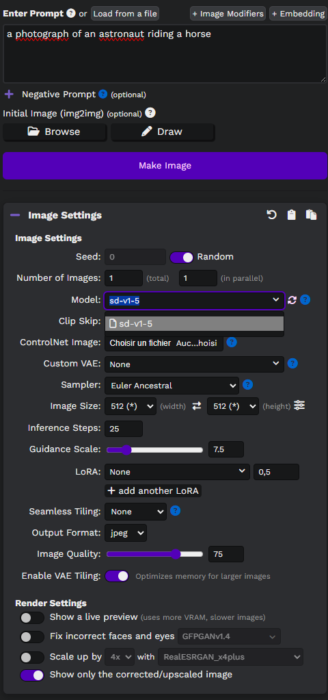 Paramètres d’image montrant le modèle sd-v1.5