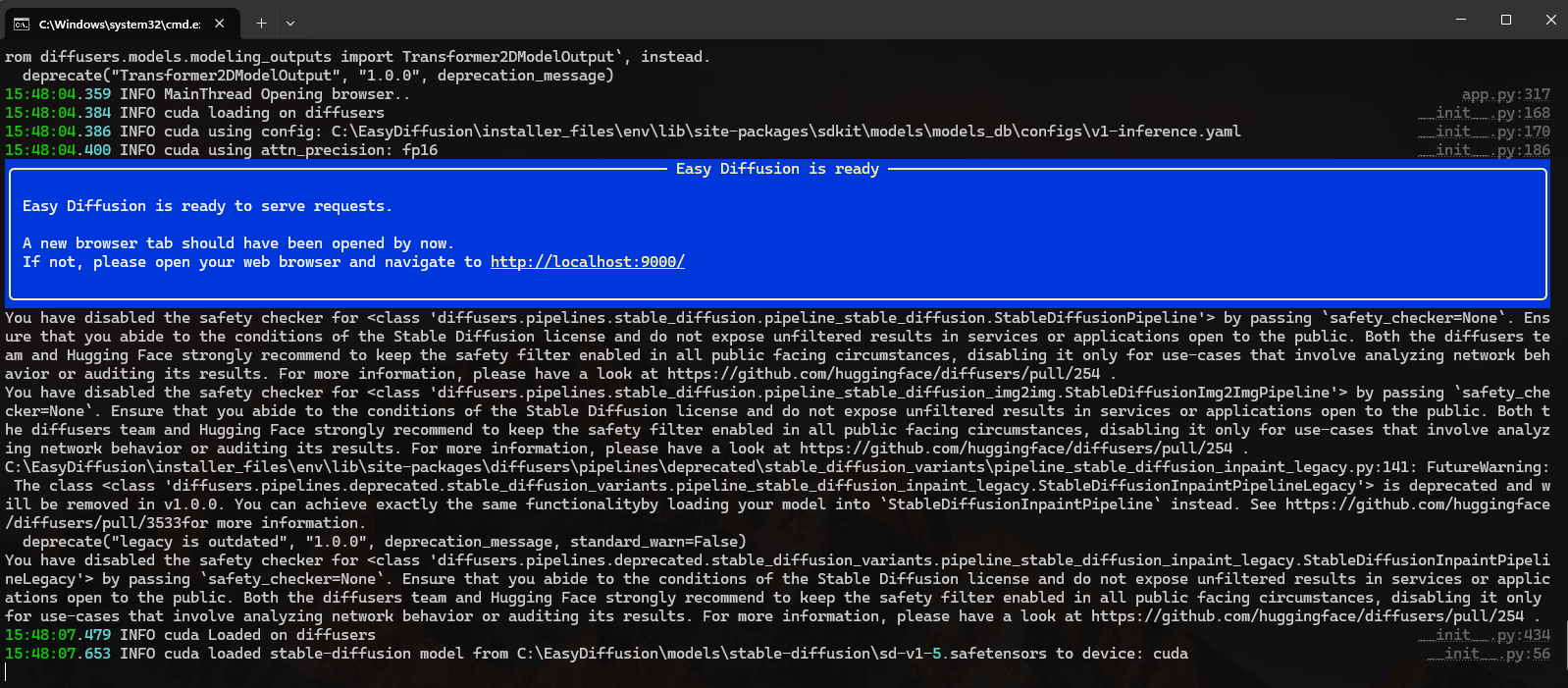 Terminal indiquant que le serveur est prêt
