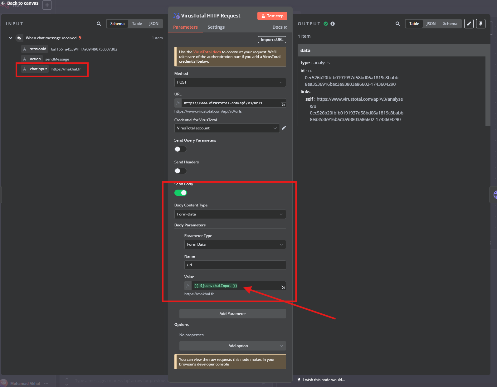 Configuration du Body pour le POST VirusTotal